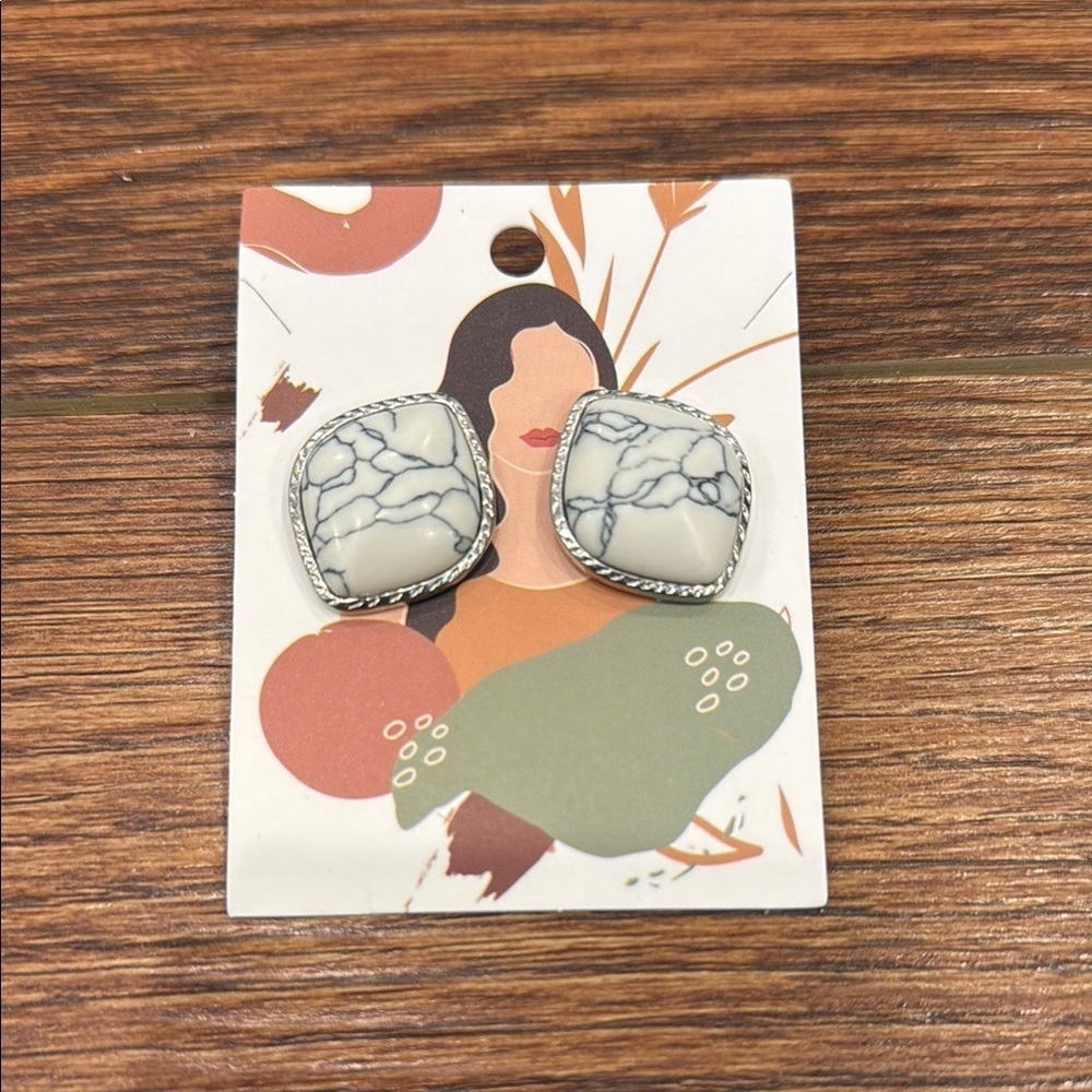 Silver and White Stone Stud Earrings